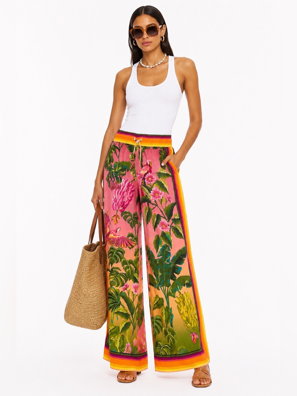 Farm Rio Tropical Parrot Wide Leg Palazzo Pants Small Pink Jungle Print Resort